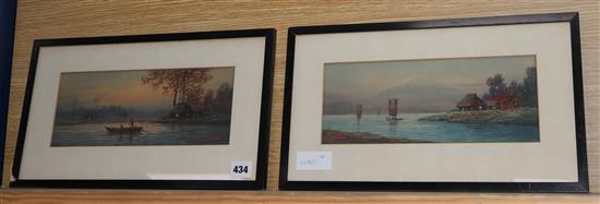 Emiko Satsuta, pair of watercolours, View of Mount Fuji and Figures on the water, signed, 12 x 29cm